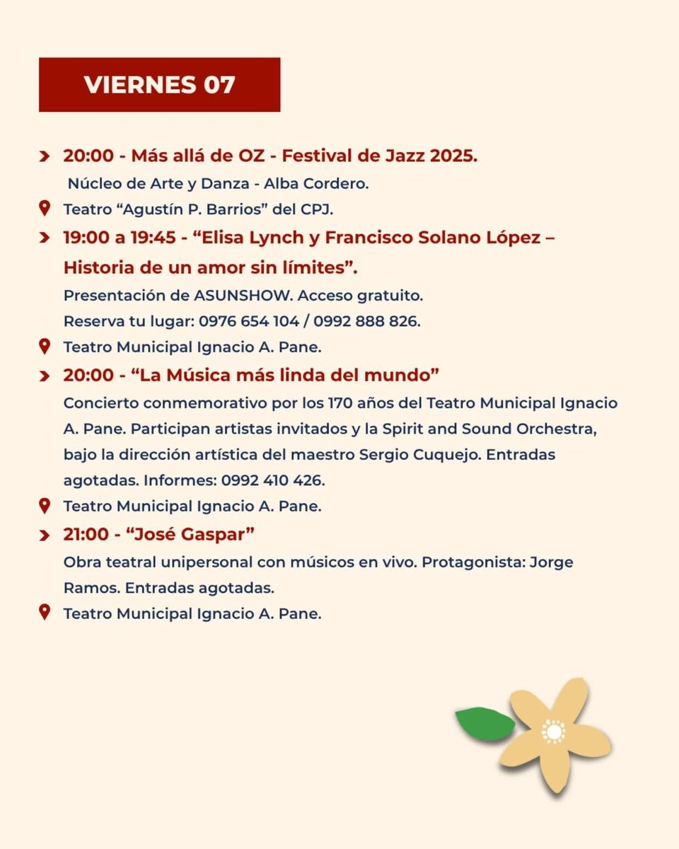 📢 ¡Agenda cultural de #AsuCulturaYTurismo! ✨🎃
Esta semana, Asunción vibra con actividades para todos los gustos 👇
🎸 Conciertos
🩰 Danza
📽️ Ciclo de cine
🎭 Teatro
🎨 Talleres y exposiciones