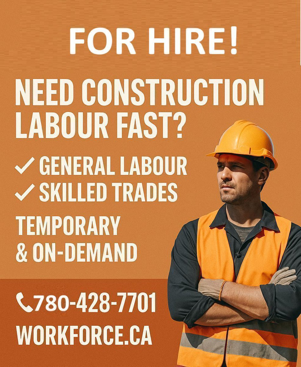 WorkforceEdm's tweet image. FOR HIRE! Reliable construction labour—fast 🛠️
From general labour to skilled trades, Workforce.ca has the crew for you.
✅ Temporary &amp;amp; on-demand
📞 780-428-7701
🌐 workforce.ca #yeg #edmonton #shpk #leduc #nisku #acheson #t8n #fortsask