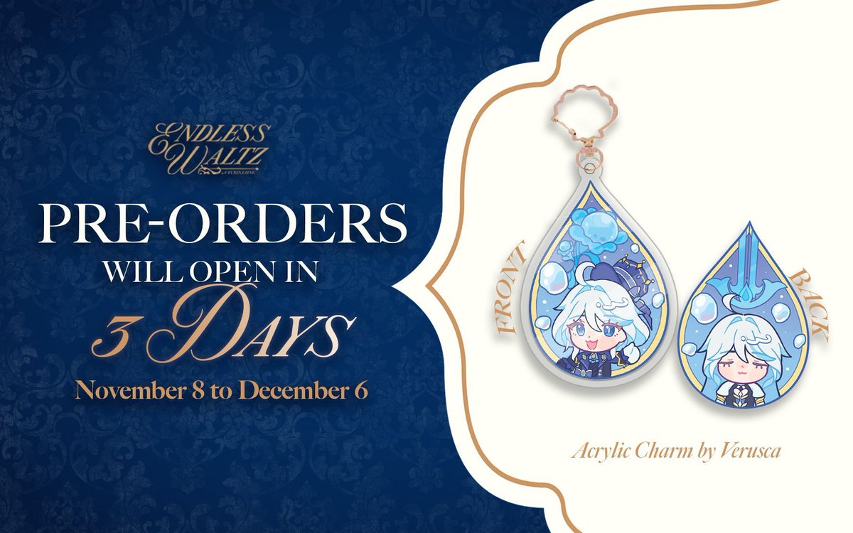 💧 3 DAYS BEFORE PRE-ORDERS OPEN 💧

Here is a preview of our beautiful double-sided charm featuring #Furina and #Focalors, designed by none other than <a href="/verusccca/">Veru 🧸</a>! ✨

📆 Pre-orders will open on November 8, 11 PM GMT+8