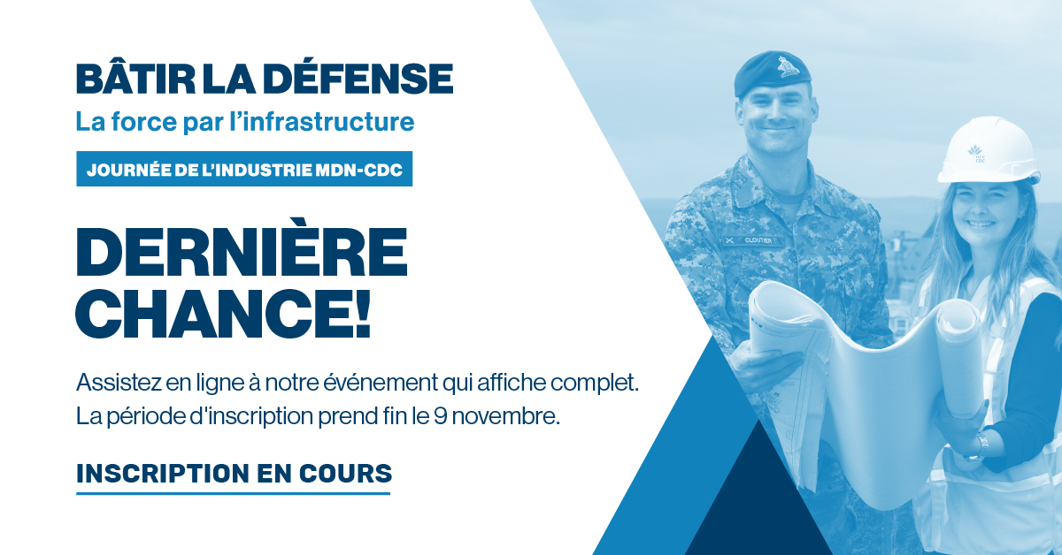 Inscrivez-vous cdc-dcc.gc.ca/journ%C3%A9e-d… d’ici le 9 nov. à la Journée de l’industrie MDN-CDC en ligne, qui se déroulera le 13 nov. Découvrez les occasions d’affaires à venir!
#InnovationDéfense #BâtirDéfense2025 @DéfenseNationale