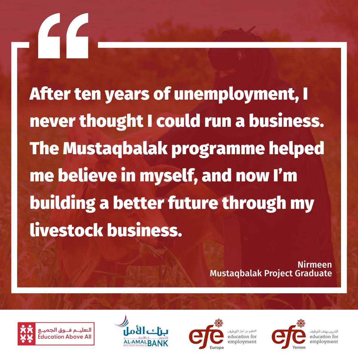 🌟 After years of unemployment, Nirmeen from Lahj, Aden, built a new future through EFE's 🎓 #Mustaqbalak programme in entrepreneurship.

She now runs a 🐑 livestock business supporting her family &amp; community.

🌍 Powered by <a href="/Silatech/">Silatech</a> <a href="/efeyemen_/">EFE-Yemen</a> @alamalbank <a href="/EAA_Foundation/">Education Above All Foundation</a>