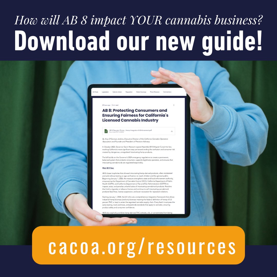 Starting January 1, 2026, AB 8 empowers state and local agencies to seize, fine, and revoke licenses for unregulated intoxicating hemp sales, ending the gray market that puts consumers at risk!

Learn more with our free policy guide: loom.ly/axbdEkM