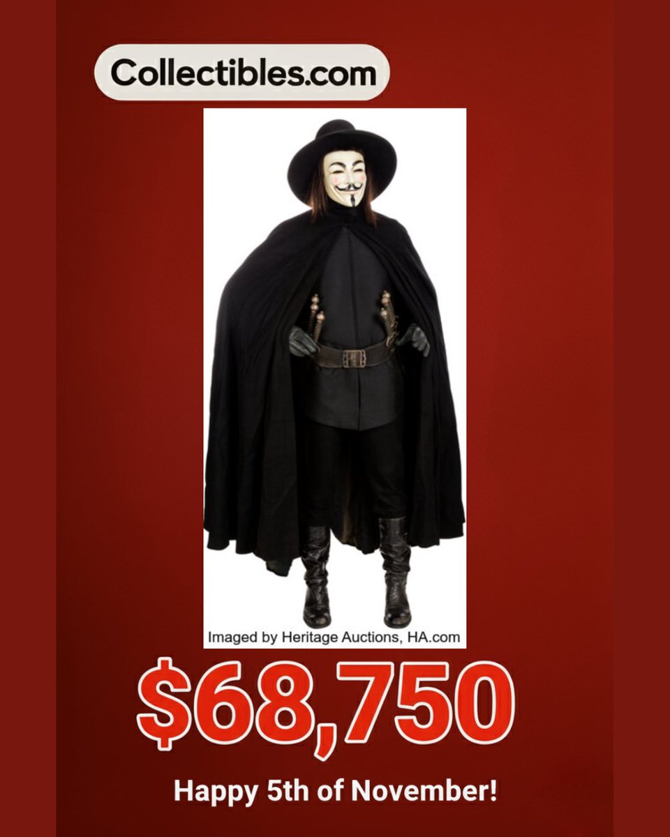 Collectibles's tweet photo. Remember, Remember the Fifth of November…or that time the Full hero costume sold for over $68,000 in 2022 from @HeritageAuction 🤯
Collect Movie props or other merchandise? ➡️ Link in bio.
#VforVendetta #Guyfawkes #fifthofnovember #anonymous https://t.co/jfjTXgwEP8