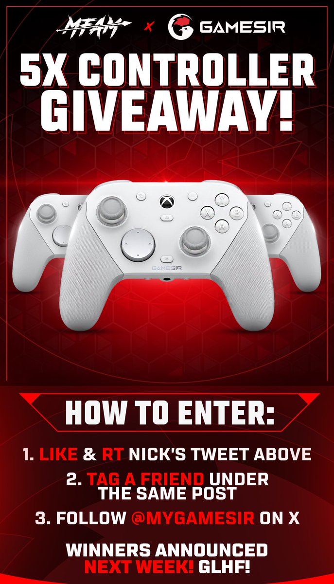 <a href="/NICKMERCS/">Nickmercs</a> <a href="/mygamesir/">GameSir</a> WHO WANTS A FREE <a href="/mygamesir/">GameSir</a> CONTROLLER 👀

To enter here on X, follow these steps 👇 and we’ll announce winners next week! GLHF LADS 🔥