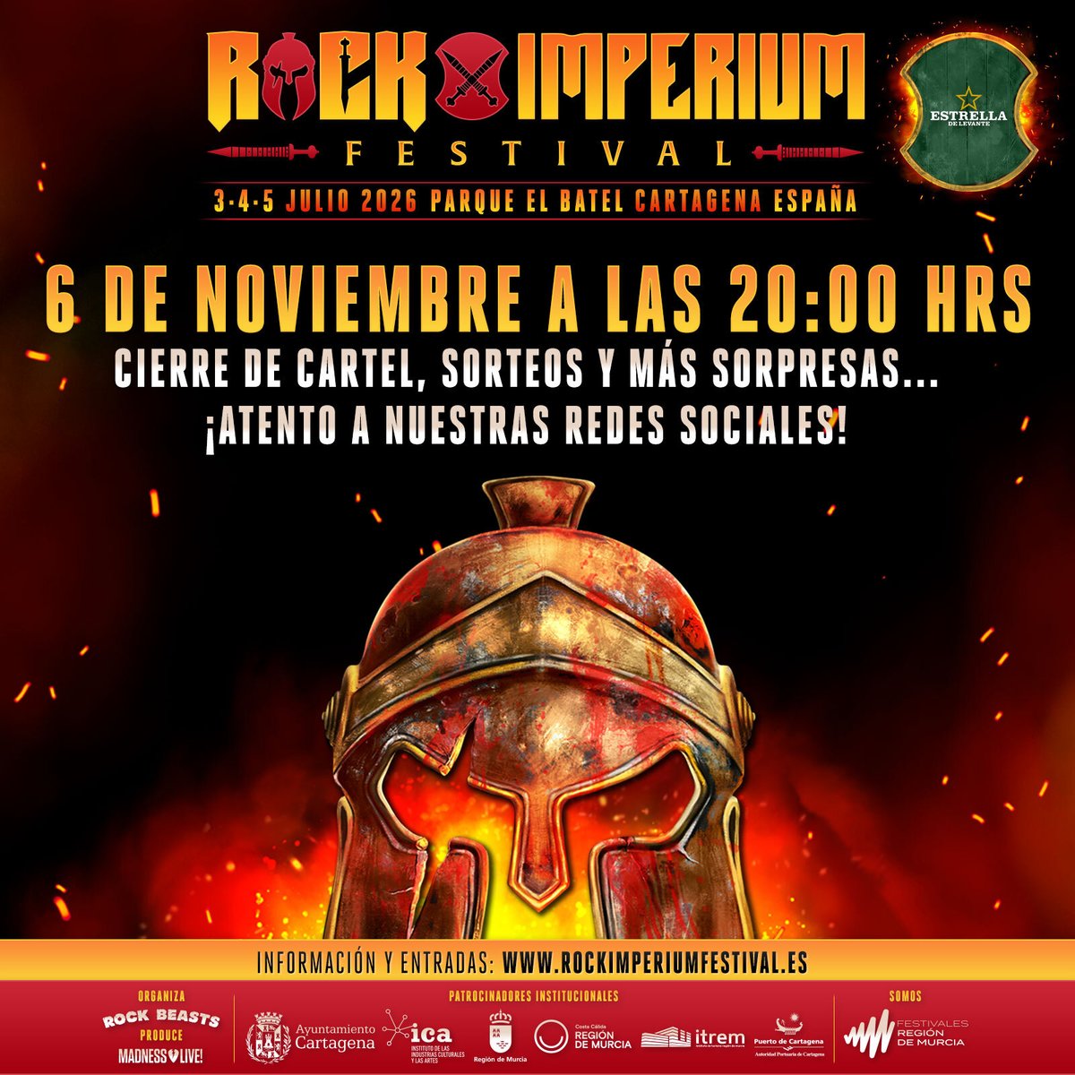 📣 𝗔𝗡𝗨𝗡𝗖𝗜𝗢 𝗗𝗘𝗟 𝗖𝗔𝗥𝗧𝗘𝗟 𝗖𝗢𝗠𝗣𝗟𝗘𝗧𝗢 𝗣𝗔𝗥𝗔 𝗥𝗢𝗖𝗞 𝗜𝗠𝗣𝗘𝗥𝗜𝗨𝗠 𝗙𝗘𝗦𝗧𝗜𝗩𝗔𝗟 𝟮𝟬𝟮𝟲! 📣

¡Recuerda! Mañana 𝗷𝘂𝗲𝘃𝗲𝘀, 𝟲 𝗱𝗲 𝗻𝗼𝘃𝗶𝗲𝗺𝗯𝗿𝗲, 𝗮 𝗹𝗮𝘀 𝟮𝟬:𝟬𝟬 𝗵𝗼𝗿𝗮𝘀 𝗖𝗘𝗧, desvelaremos en directo el 𝗰𝗮𝗿𝘁𝗲𝗹 𝗮𝗹