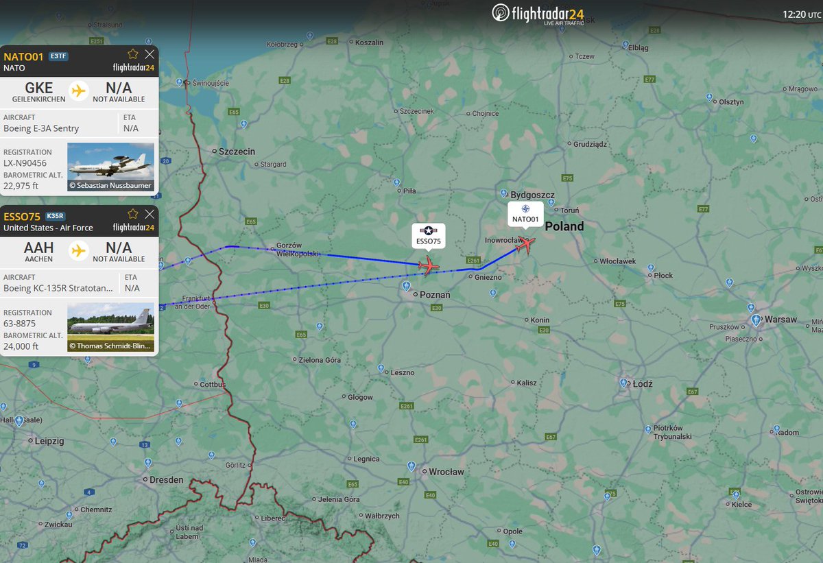 PolishMilRadar's tweet photo. 📅05.11⌚️13:20LT - ✈️⛽️ Tankowanie #AWACS & KC-135R w TSA28

W strefie tankowania TSA28 SARA rozpocznie się niebawem tankowanie z udziałem: ✈️ #NATO01 Boeinga E-3A Sentry #AWACS "LX-N90456" NATO Airborne Early Warning and Control Force (NAEW&CF) oraz ✈️ #ESSO75 Boeinga KC-135R Stratotanker "63-8875" Sił Powietrznych Stanów Zjednoczonych #USAF 🇺🇸. Oba samoloty wystartowały z Bazy Lotniczej Geilenkirchen #ETNG w Niemczech 🇩🇪
🔗https://t.co/BPoVNDDR3N

#POLMILRADAR