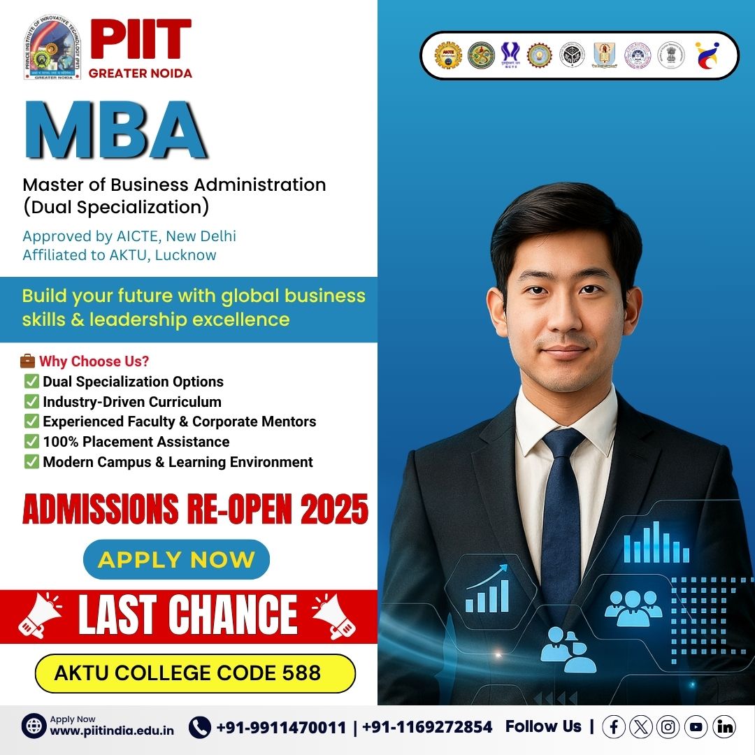 PIITgrNoida's tweet image. MBA Admissions Re-Open 2025 | Last Chance to Apply at PIIT Greater Noida

🎯 Admissions Re-Open for 2025!

👉 Apply Now!

📞 +91-9911470011 | +91-1169272854
🌐 piitindia.edu.in
#MBAAdmissions2025 #PIITGreaterNoida #AKTU #MBAProgram #FutureLeaders #piit #greaternoida
