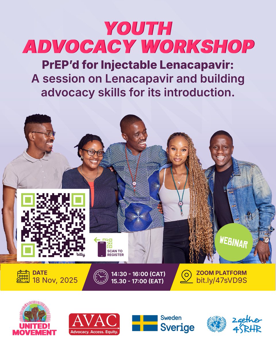 UNITEDMoveESA's tweet image. PrEP’d for Injectable Lenacapavir! Join us on 18 Nov (7:30 EST | 14:30 CAT | 15:30 EAT) for a youth-focused session on LEN, advocacy priorities &amp;amp; how young people can lead its rollout. Led by the UNITED! Movement &amp;amp; @HIVpxresearch (AVAC) 🌍

🔗 Register 👉🏼 avac-org.zoom.us/meeting/regist…