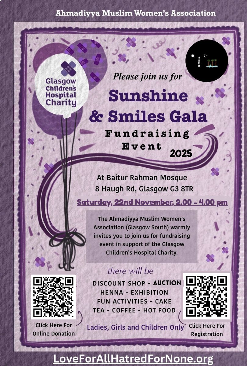 "...Vie, then, with one another in good works..." (The Holy Quran 2:149)

Join <a href="/Lajna_Glasgow/">Lajna Glasgow</a> South’s event to fundraise for the #Glasgow Children's Hospital Charity on Saturday 22nd November (2-4pm) at Baitur Rahman Mosque! 💟 🧸

Please register at:  AMWA-GCHC-2025.eventbrite.co.uk