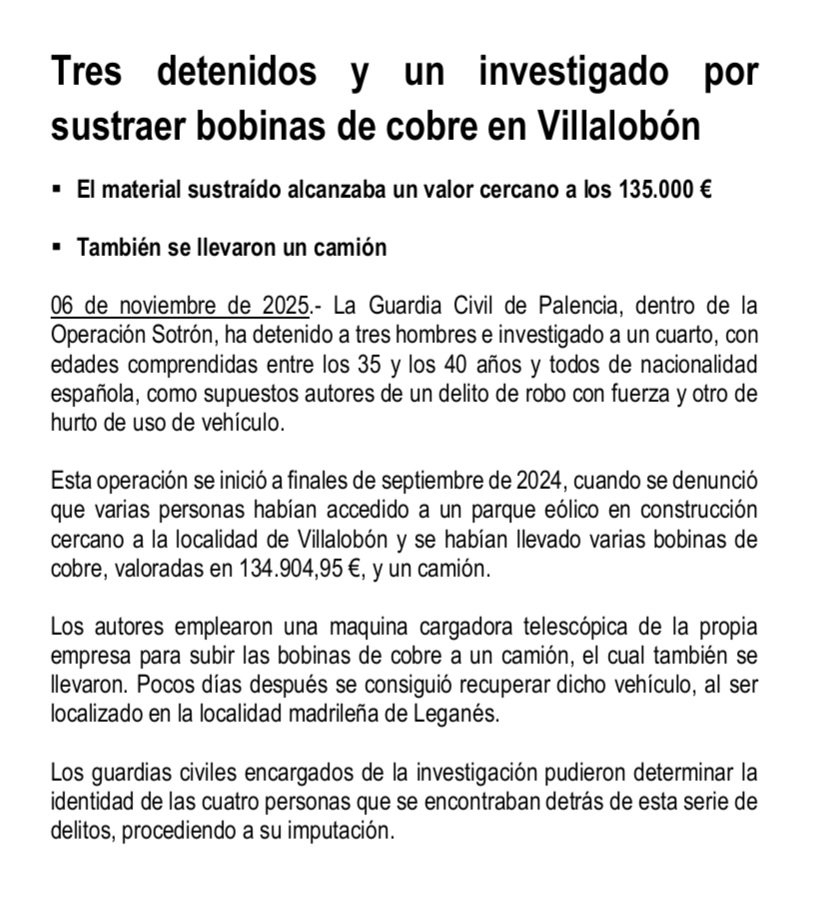🚨 Tres detenidos y un investigado por sustraer bobinas de cobre en Villalobón

#guardiacivilpalencia 
#robocobre