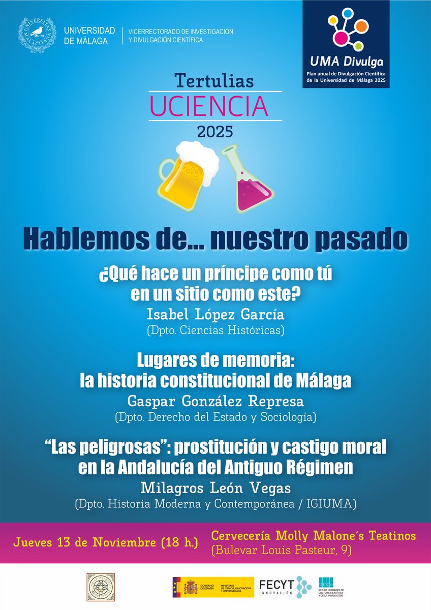 GasparRepresa's tweet photo. El próximo jueves 13 de noviembre, a las 18h, estaré en la cervecería Molly Malone’s en el especial Tertulias Uciencia celebrado por @umadivulga, en el que hablaré de la historia constitucional de Málaga a través de sus lugares de memoria. https://t.co/AlMW0MEaMU