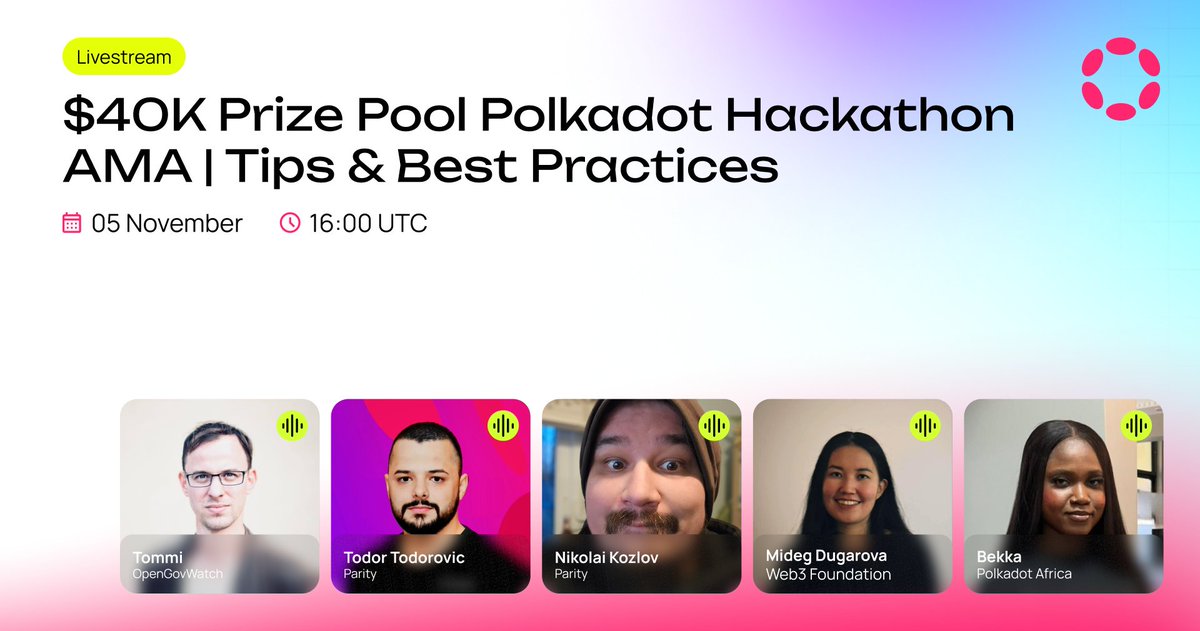Polkadot's tweet photo. $40K up for grabs. 12 days left.

You’re building something cool... but is it good enough to win?

Here's a no brainer: join the Builder Party Hackathon AMA today and ask the judges directly.

Get feedback alpha before you ship. https://t.co/J42FybbLMB