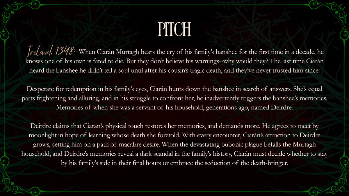 ahirschwrites's tweet image. #AgentsGuide to my upmarket #gothic #horror novel, THE BANSHEE OF CLAN MURTAGH 🖤

🇮🇪Medieval Ireland
🥀Doomed romance
☠️The black plague
💌2025 #SmoochPit Mentee

#questpit #W #A #H #HF