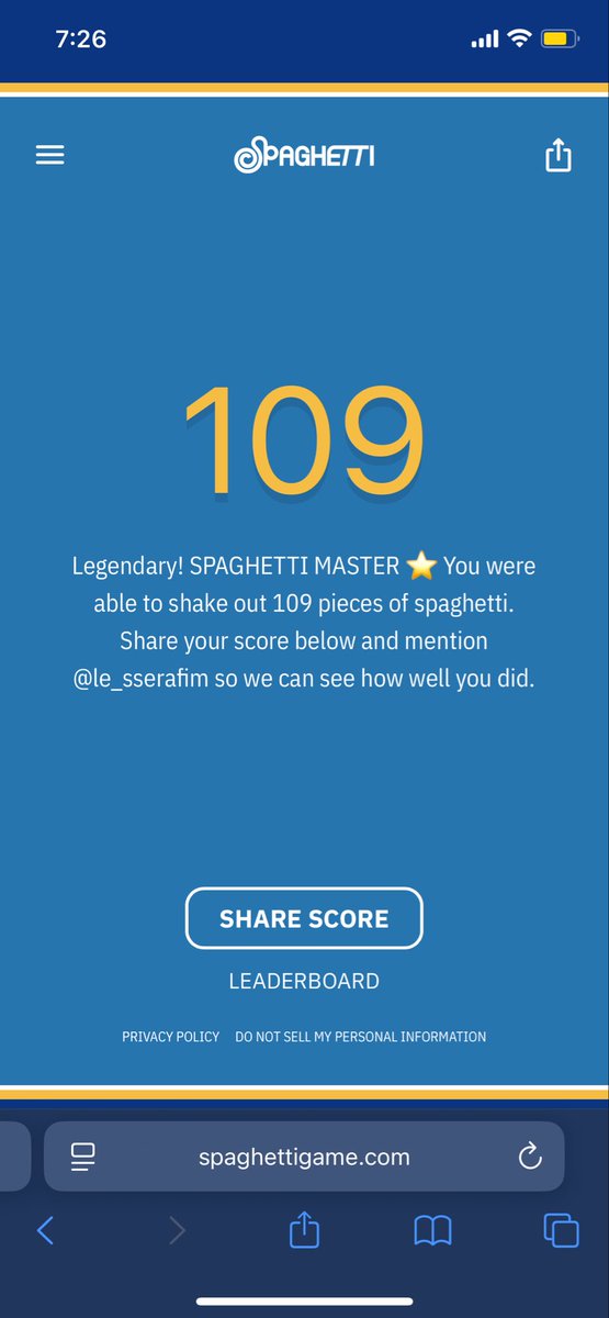 kookieeesjams's tweet image. How #spaghettigame 👑🍝 109 noodles
Legendary! SPAGHETTI MASTER 🌟
spaghettigame.com