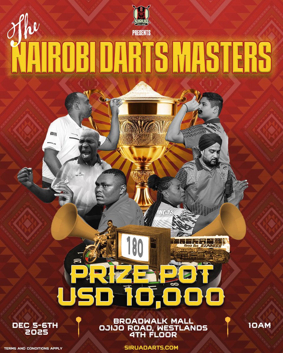 Siruadarts's tweet photo. Maybe the dream was just to let loose and socialize over a game of darts, maybe we just got better at 501 with impressive 3DAs and good checkouts. Well, someone took notice and after rounds and rounds of tournaments, #matchplays international appearances and perfecting plays, this is the culmination! 🎯💰🏆
Sirua presents the #nairobidartsmasters a premier darts event with the biggest prize pot yet in the Republic. All the smoke, all the stakes, all the stars, all the pros, all the tricks, drama.....all on the oche for 10,000 reasons!!!💰💰
More details to follow on how to register and be part of the biggest 💲cash grab in Kenyan darts, going down at the 📍Broadwalk Mall, Westlands on the 5th-6th December 2025. Are you ready for the heat!!!🧨🧨⛽🎯
#siruadarts #kenyandarts🇰🇪 #peterwachiuri #dartsafrica #nairobikenya🇰🇪