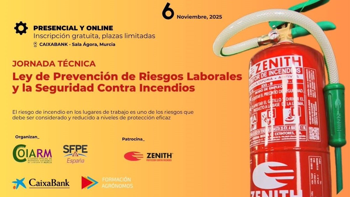 🧯 Jornada Técnica LPRL y Seguridad contra Incendios 

 🗓️6 /11  |  16:30 a 19:00 h 
📍 Caixabank. Gran Vía Escultor Salzillo, 23. Murcia

✅ Riesgo de incendio en la LPRL 
✅ Ingeniería de protección actual 
✅Herramientas y tecnología clave
👥 💻

 ✍️tr.ee/SqyVGh