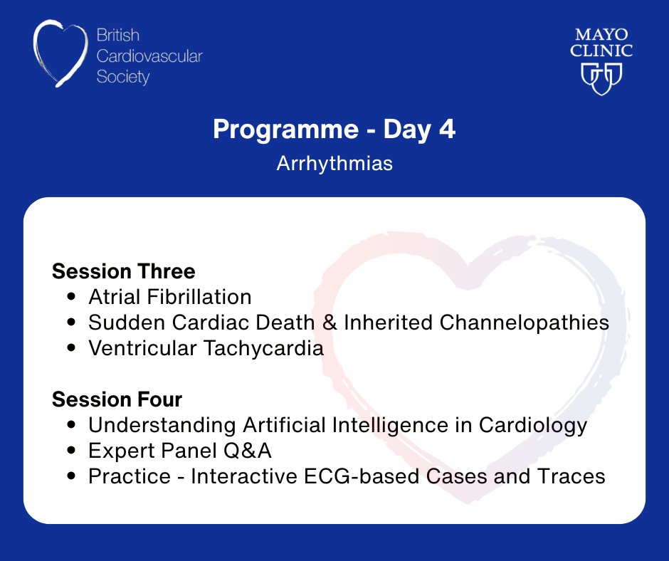 Our BCS &amp; <a href="/MayoClinic/">Mayo Clinic</a> Cardiology Review Course takes place in March 2026 and is perfect if you're a consultant preparing for revalidation or a resident doctor looking to take the EECC. 

Day 4 will focus specifically on Arrhythmias - take a look at the programme below, or visit