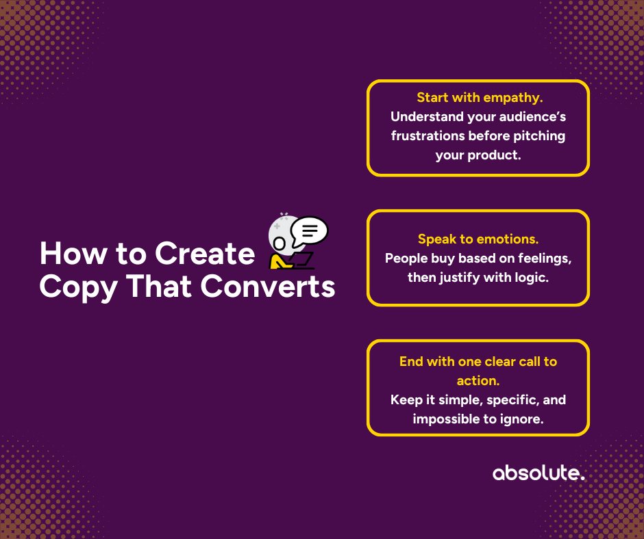 AbsoluteDMedia's tweet image. Copy sells. Design supports. 💯

💡 Focus on pain points, not features.
❤️ Add emotional triggers to move readers.
🎯 End with a single, confident CTA.

Great copy doesn’t shout, it connects. What line has driven your best conversion lately? 👇

#Copywriting #MarketingTips…