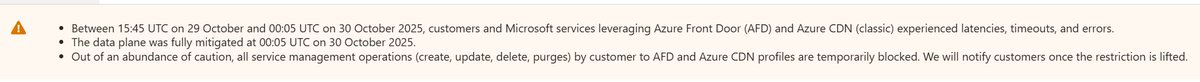 pablomeyer0808's tweet photo. @Azure  @AzureSupport A week and FrontDoor is still not opeartional, when will this be fixed? https://t.co/rfOASnKQ2T