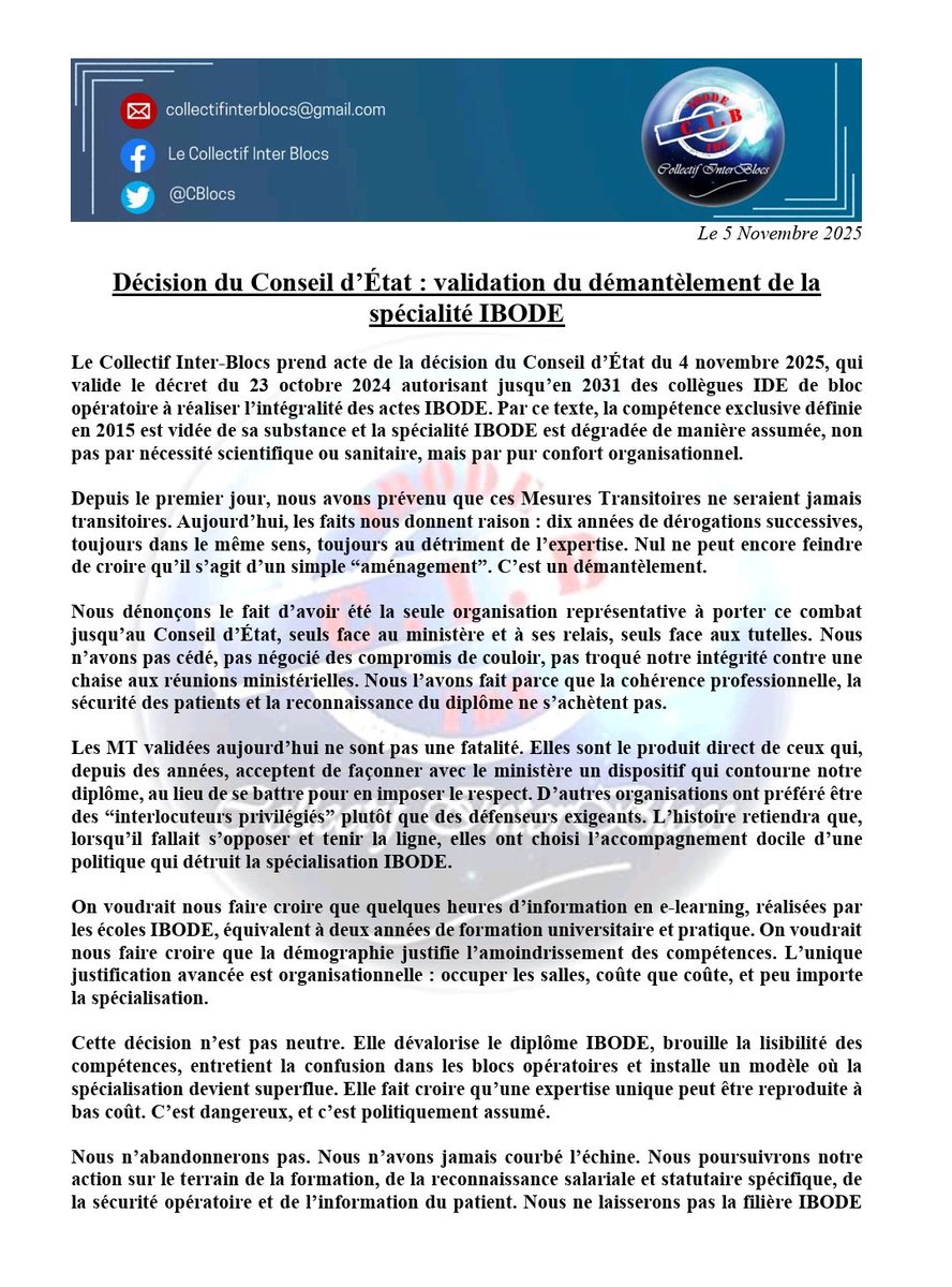CBlocs's tweet image. 📣 COMMUNIQUÉ – DÉCISION DU CONSEIL D’ÉTAT
Suite à la décision du Conseil d’État du 4 novembre 2025 concernant les mesures transitoires IBODE, le Collectif Inter-Blocs publie son communiqué officiel.
Nous restons mobilisés plus que jamais !
#IBODE #BlocOpératoire #Communiqué