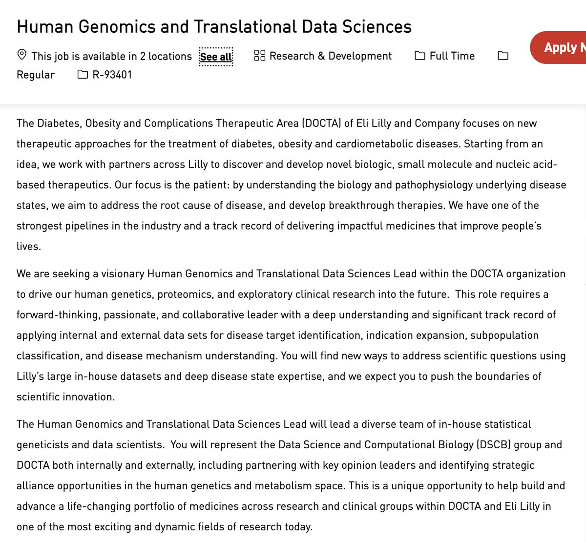 Exciting job posting for

Human Genomics and Translational Data Sciences Lead <a href="/EliLillyandCo/">Eli Lilly and Company</a>!

High impact role working alongside the leaders in cardiometabolic drug dev.

Access to large biobanks + world-unique internal deep phenotyping data.

Apply @
careers.lilly.com/us/en/job/R-93…