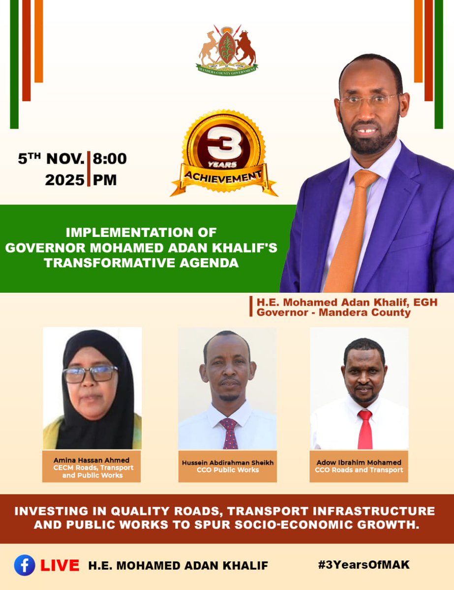 Three years of progress under Governor Mohamed Adan Khalif’s leadership. Tonight’s session highlights how Mandera is investing in quality roads, transport infrastructure, and public works to drive socio-economic growth.
Tune in live at 8:00 PM as the team outlines key milestones.