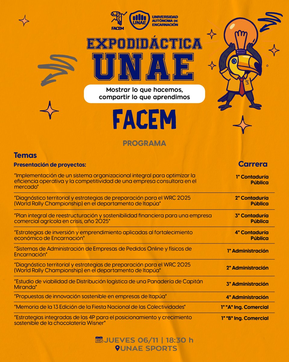 📖 La Facultad de Ciencias Empresariales te invita a la Expodidáctica UNAE “Mostrar lo que hacemos, compartir lo que aprendimos”

📆 Jueves 6 de noviembre | ⏰ 18:30 h
📍 Polideportivo UNAE Sports.

💡📚✨ Te esperamos para descubrir, aprender y conectar.