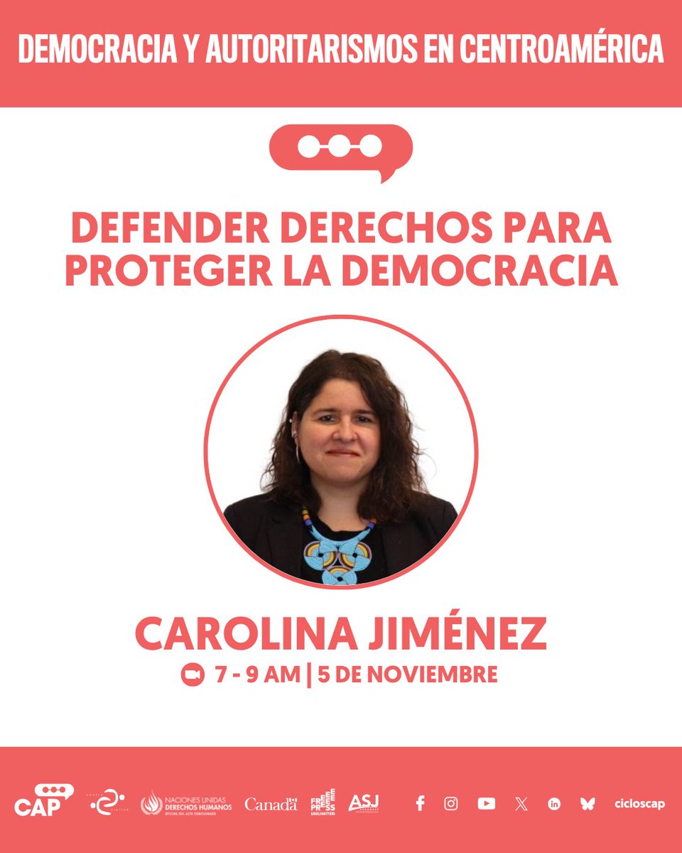 📢Hoy en #CiclosCAP, Carolina Jiménez <a href="/cjimenezDC/">Carolina Jimenez Sandoval</a>, presidenta de <a href="/WOLA_org/">WOLA</a>, comparte su experiencia y reflexiones sobre la defensa de los derechos humanos en #Centroamérica.
✅Analizaremos los retos que persisten en la región en momentos de erosión democrática.