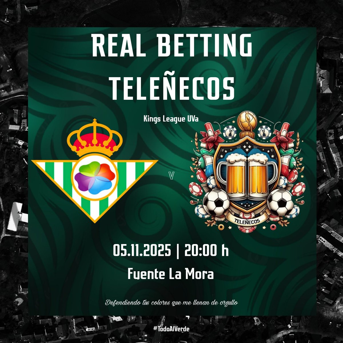 Hoy jugamos! Partido muy importante para poder encaminar la clasificación a la siguiente ronda a falta de la resolución del partido frente al Billareal, el cual se disputarán mañana los minutos finales. 

Real Betting 🆚 Teleñecos
20:00 h | Fuente la Mora
#TodoAlVerde