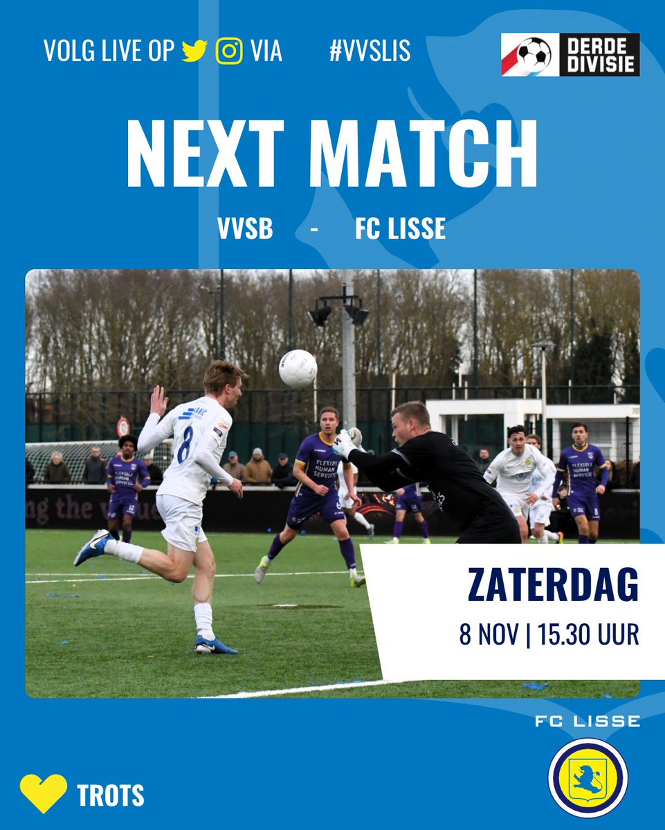 ⚽️ NEXT | Speelronde 12 | <a href="/Derde_Div/">Derde Divisie</a> |  🟣🟡 ⚔️ 🟡🔵 #fclisse #derdedivisie #bollenderby #vvsLIS

In de 12e speelronde speelt FC Lisse zaterdag de Bollenderby vs <a href="/VVSBNWHout/">VVSB</a> 

Aftrap 15.30u op sportpark De Boekhorst 🟡⚽️🔵

Voorbeschouwing van onze JKF
👇🏻
fclisse.nl/voorbeschouwin…