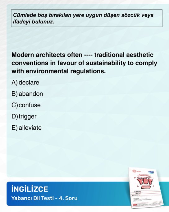 First image shows colorful poster with bold blue and yellow text announcing attention-grabbing questions for YDT exam from 20-26 October 2024 including MEBI logo certificate-style document with YDT Inglizce details and OGM branding at bottom. Second image displays English test question 1 on historical succession after Queen Elizabeth I in 1603 with options A succession B conquest C migration D sacrifice E ancestry and instructions in Turkish. Third image presents English test question 4 on modern architects often abandoning traditional aesthetic conventions in favor of sustainability with options A declare B abandon C confuse D trigger E alleviate. Fourth image features English test question 10 on cinema seats arranged in stepped rows to give every spectator a clear view of the screen with options A by into B near for C on at D in of.