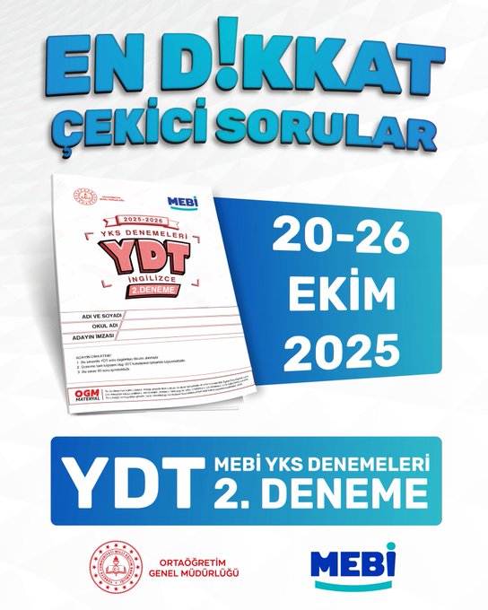 First image shows colorful poster with bold blue and yellow text announcing attention-grabbing questions for YDT exam from 20-26 October 2024 including MEBI logo certificate-style document with YDT Inglizce details and OGM branding at bottom. Second image displays English test question 1 on historical succession after Queen Elizabeth I in 1603 with options A succession B conquest C migration D sacrifice E ancestry and instructions in Turkish. Third image presents English test question 4 on modern architects often abandoning traditional aesthetic conventions in favor of sustainability with options A declare B abandon C confuse D trigger E alleviate. Fourth image features English test question 10 on cinema seats arranged in stepped rows to give every spectator a clear view of the screen with options A by into B near for C on at D in of.