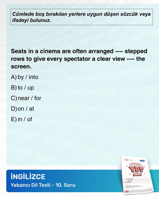 First image shows colorful poster with bold blue and yellow text announcing attention-grabbing questions for YDT exam from 20-26 October 2024 including MEBI logo certificate-style document with YDT Inglizce details and OGM branding at bottom. Second image displays English test question 1 on historical succession after Queen Elizabeth I in 1603 with options A succession B conquest C migration D sacrifice E ancestry and instructions in Turkish. Third image presents English test question 4 on modern architects often abandoning traditional aesthetic conventions in favor of sustainability with options A declare B abandon C confuse D trigger E alleviate. Fourth image features English test question 10 on cinema seats arranged in stepped rows to give every spectator a clear view of the screen with options A by into B near for C on at D in of.