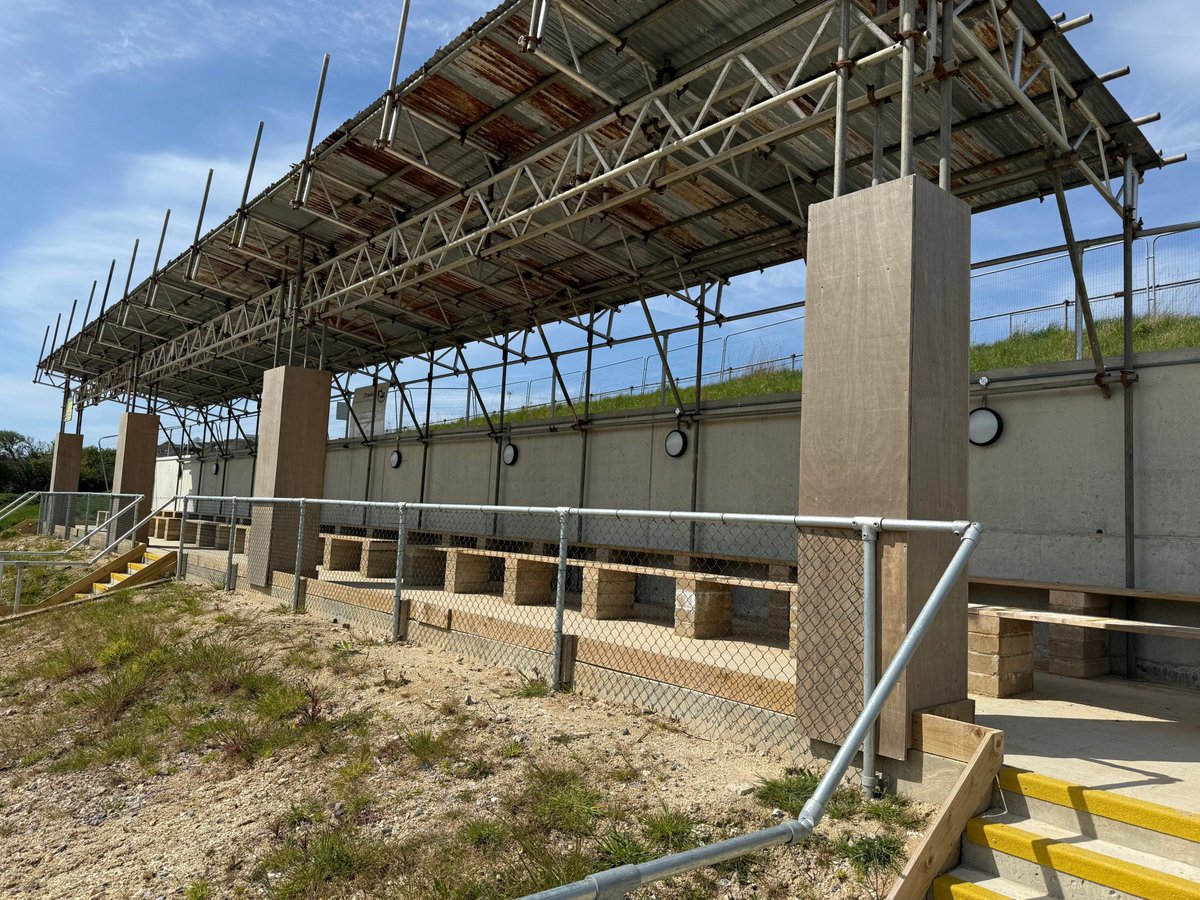 StadiaConstruct's tweet image. The progress of @saltdean_tigers new stand at Hill Park. From the temporary structure they had before, to their 4 row seated stand with 200+ capacity on an elevated bank. As with all of our stands, it has a fully galvanised framework, ensuring it is low maintenance and won't rust