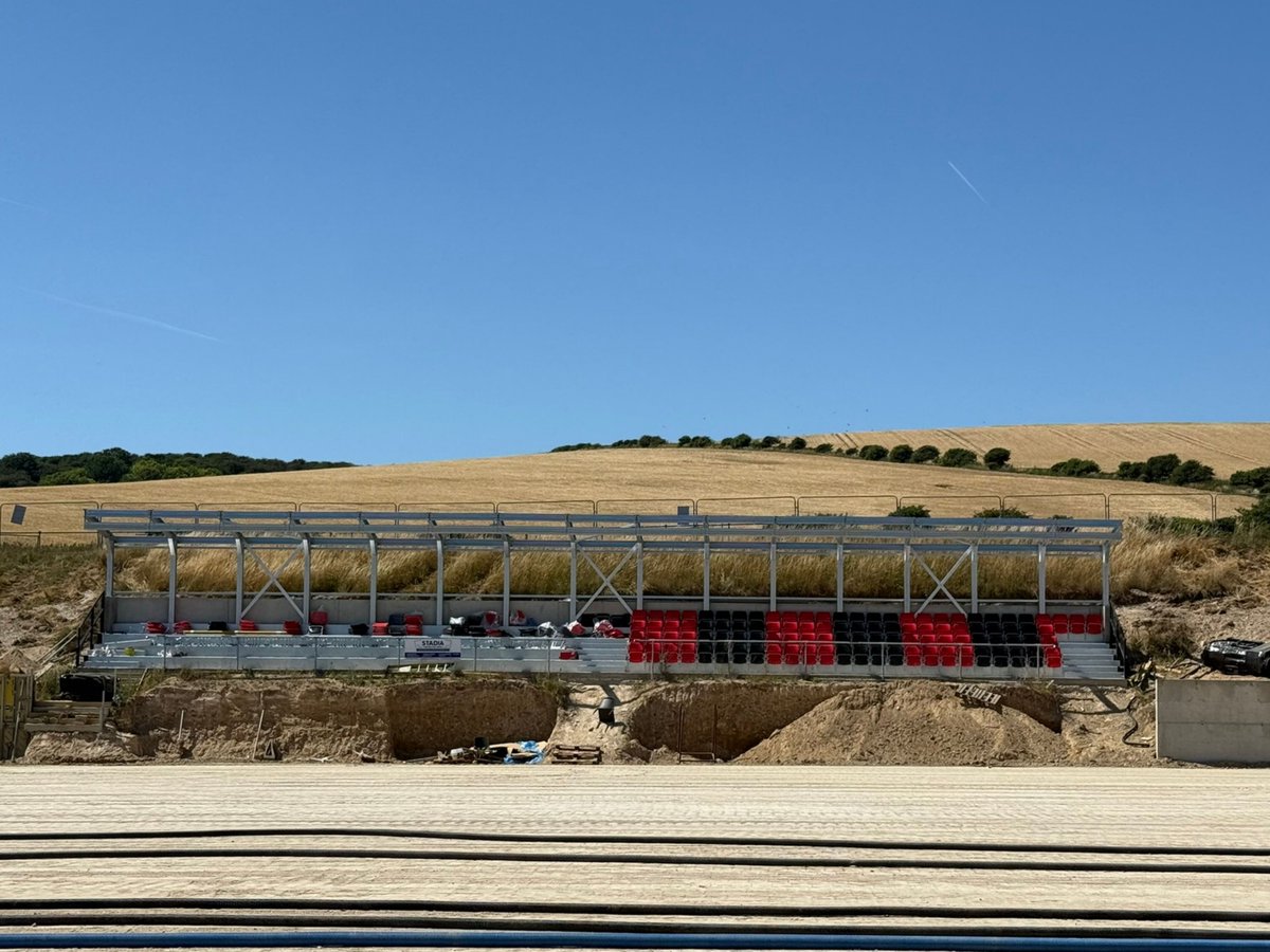 StadiaConstruct's tweet image. The progress of @saltdean_tigers new stand at Hill Park. From the temporary structure they had before, to their 4 row seated stand with 200+ capacity on an elevated bank. As with all of our stands, it has a fully galvanised framework, ensuring it is low maintenance and won't rust