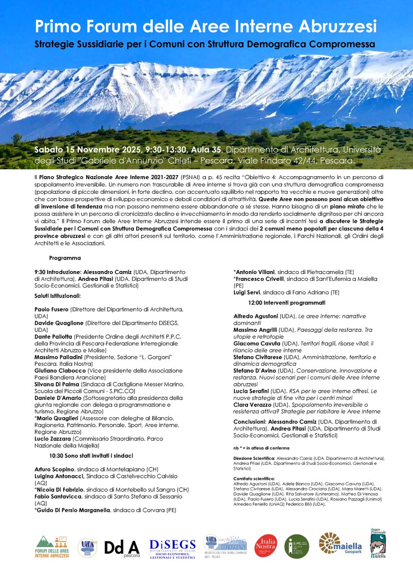 ACamiz's tweet photo. Primo Forum delle Aree Interne Abruzzesi
Strategie Sussidiarie per i Comuni con Struttura Demografica Compromessa, Sabato 15 Novembre 2025, 9:30-13:30, Aula 35, Dipartimento di Architettura, Università degli Studi "G. d'Annunzio" Chieti – Pescara, Viale Pindaro 42/44, Pescara. https://t.co/0FNg8FZJTC