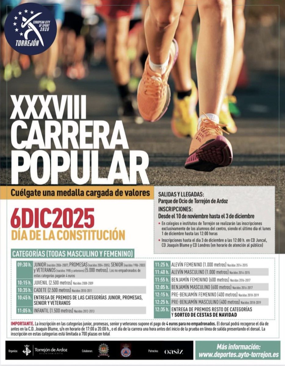 ¡Vuelve una cita que no puede faltar en el calendario deportivo de Torrejón!
El 6 de diciembre celebramos la XXXVIII Carrera Popular, una mañana llena de deporte, energía y buen ambiente!

Ven a disfrutar, a correr o a animar… ¡Nos vemos en la meta! 💥