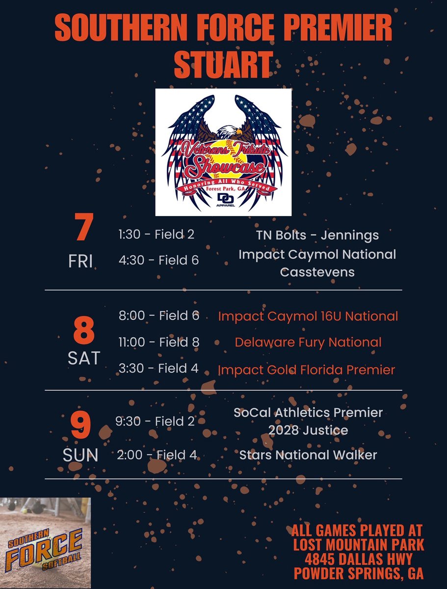 Closing out the season at the Veterans Tribute Showcase 🔥 One last weekend to leave it all on the field! <a href="/SouthernForce09/">Southern Force 2027 Premier</a> <a href="/FastpitchPower/">Fastpitch Power</a> <a href="/LouisvilleSB/">Louisville Softball</a> <a href="/UofL_CoachHolly/">Holly Aprile</a> <a href="/HokiesSoftball/">Virginia Tech Softball</a>  <a href="/BakerAnayah12/">Anayah Baker</a>