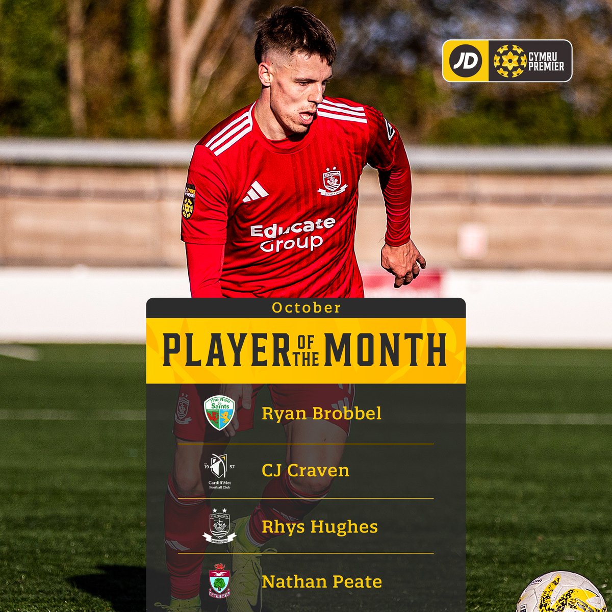 CymruLeagues's tweet photo. 🥁 Presenting the shortlist for October's Player and Manager of the Month awards across the #JDCymruLeagues.  

🗳️ Click below to find out how to vote, with the fan poll being combined with an independent voting panel to determine the winners 👇