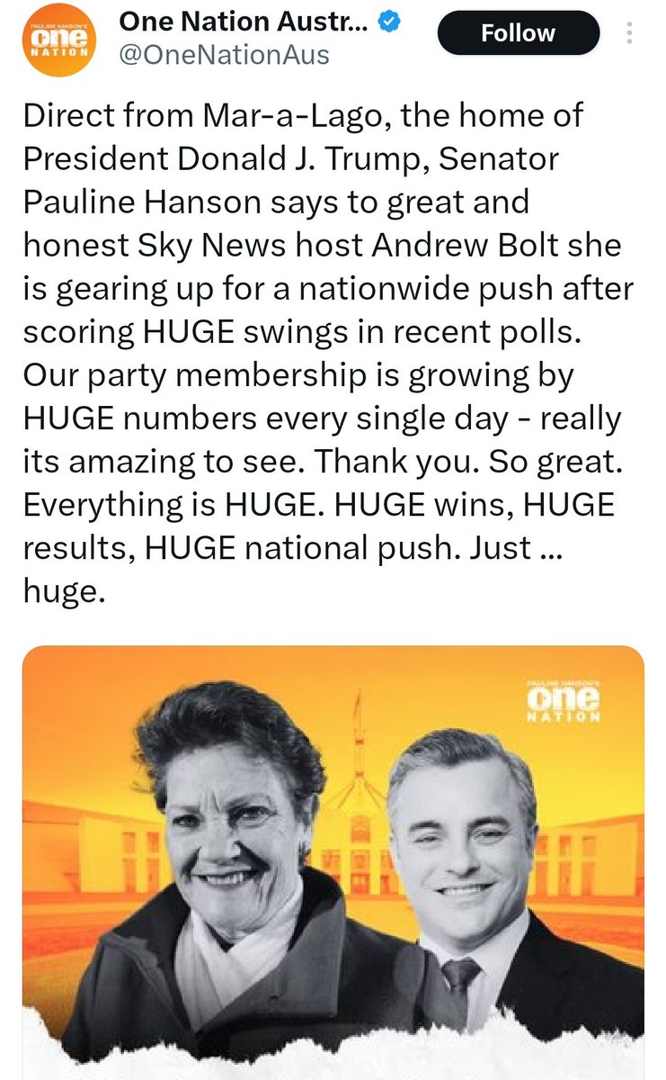 isaacfloyd13's tweet image. Direct from Mar-a-Lago, the home of President Donald J. Trump, Senator Pauline Hanson says to imbecilic &amp;amp; dishonest Sky News host Andrew Bolt she is gearing up for a nationwide push to roll out divisive Trump style propaganda.
#OneNeuron #auspol