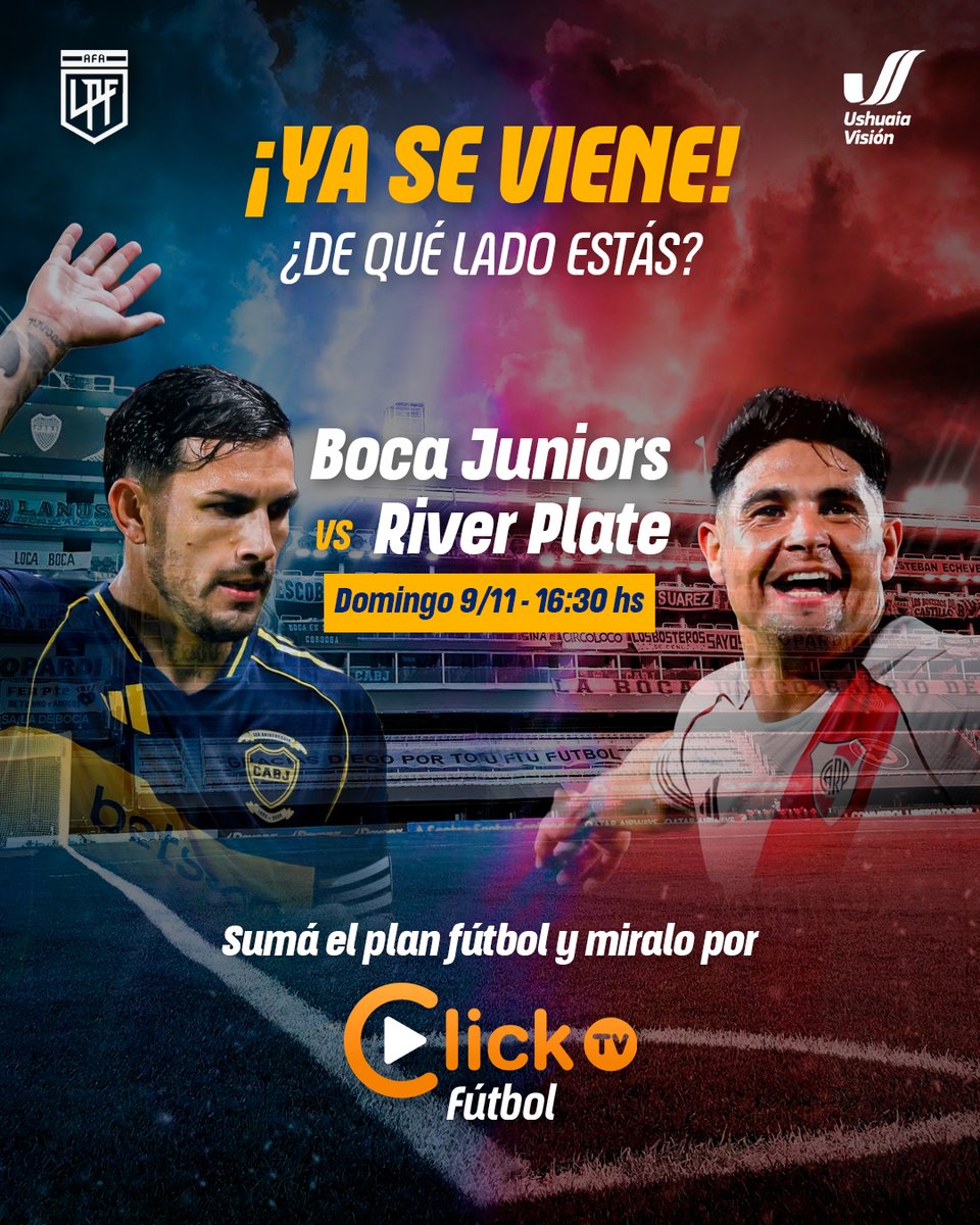La mejor jugada está en tu pantalla 😎 📺

Este finde, conectate a la emoción del Superclásico con Click TV 💪