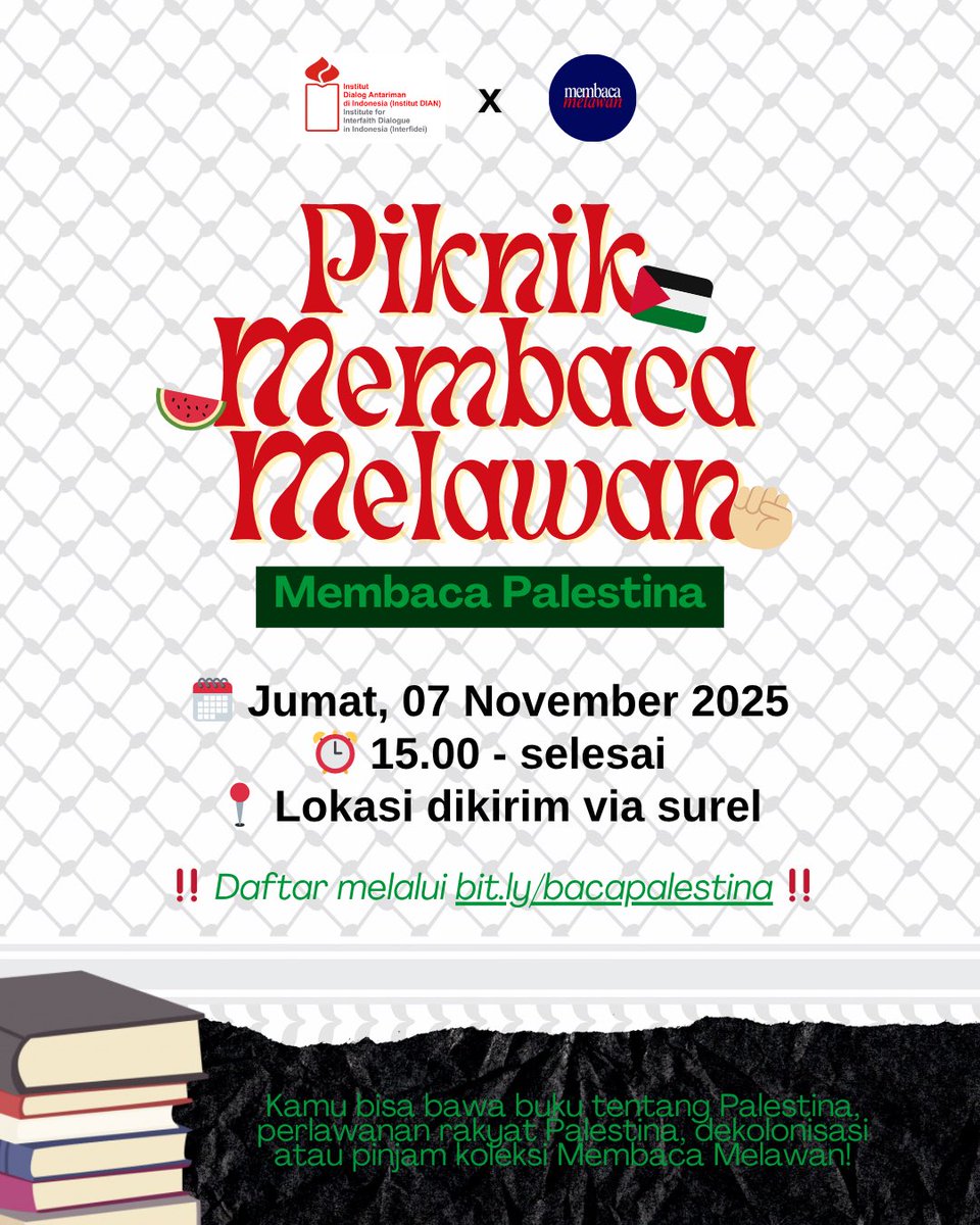 🇵🇸MEMBACA PALESTINA - KMM JOGJA X INTERFIDEI✊🏼

Buku bukan sekadar arsip, ia adalah jembatan antara kita dgn sejarah. Membaca adalah ikhtiar dlm merawat ingatan dan menyemai perlawanan.

Mari duduk dan baca bersama agar sejarah penjajahan Palestina tidak terkubur dalam senyap.