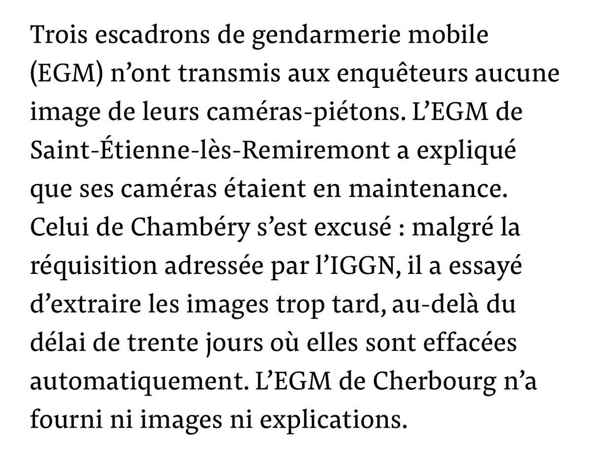 ⚡️SUIVI - Certaines caméras-piétons ont bien été saisies par l’Inspection générale de la gendarmerie nationale, mais n’ont jamais été exploitées par ses soins. Une grande partie des tirs tendus, insultes et autres propos problématiques qui y figurent ne sont même pas mentionnés…
