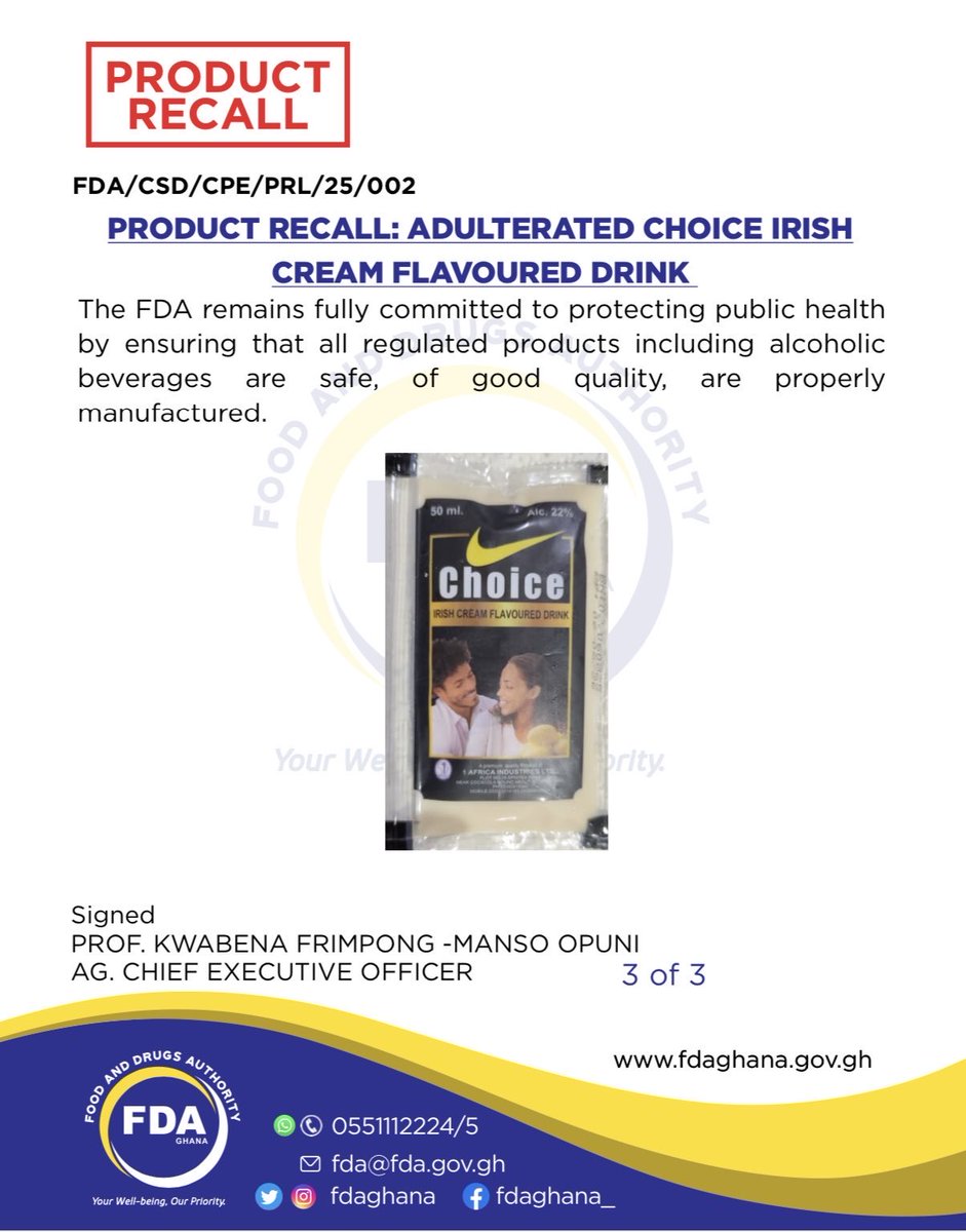 SIKAOFFICIAL1's tweet image. The Food and Drugs Authority (FDA) has ordered the immediate withdrawal of Choice Irish Cream Flavoured Drink after lab tests revealed it contains Sildenafil Citrate, a prescription medication not listed on the label. 

According to the FDA, the substance poses severe health…