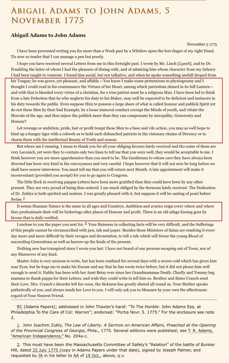 5 November 1775: “...a true patriot must be a religious Man. I have been led to think ... that he who neglects his duty to his Maker, may well be expected to be deficient and insincere in his duty towards the public.” Abigail Adams to John Adams.

#AbigailAdams