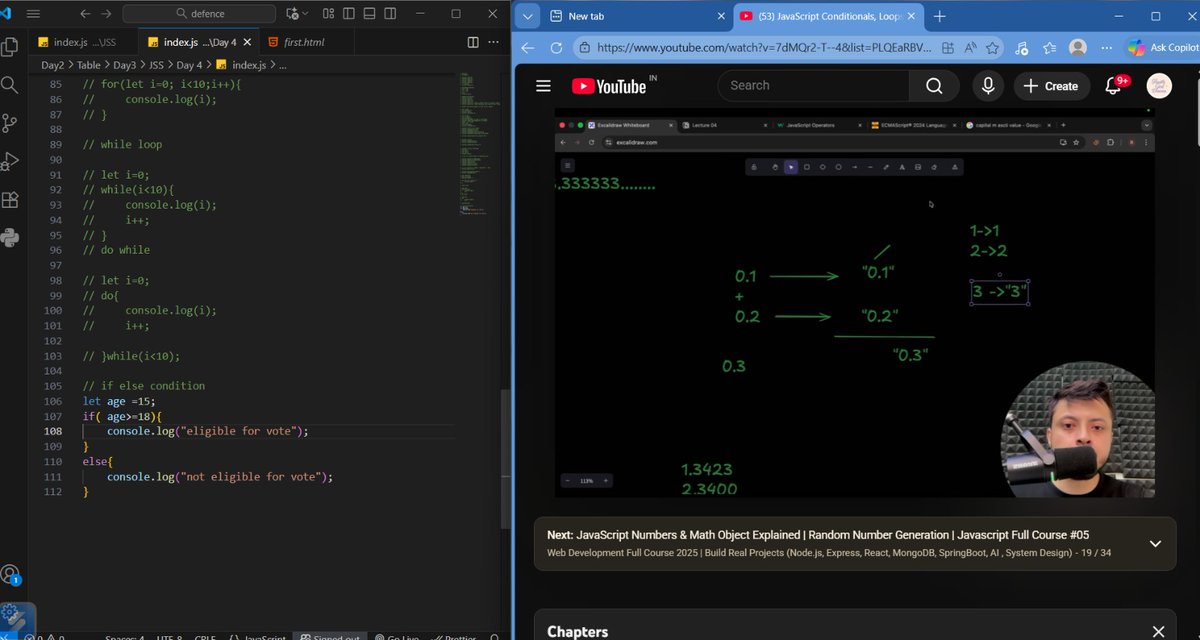 Palakburman77's tweet photo. 🧩 Day 18 – Web Dev Journey

Today’s topics ➡️
• Operators &amp; Type Conversion
• Loose Equality Rules
• if-else &amp; else-if
• for, while &amp; do...while loops
• Logical operators

Building logic step by step.
#JavaScript #Coding #WebDevelopment #100DaysOfCode https://t.co/FkCXFbKyPn