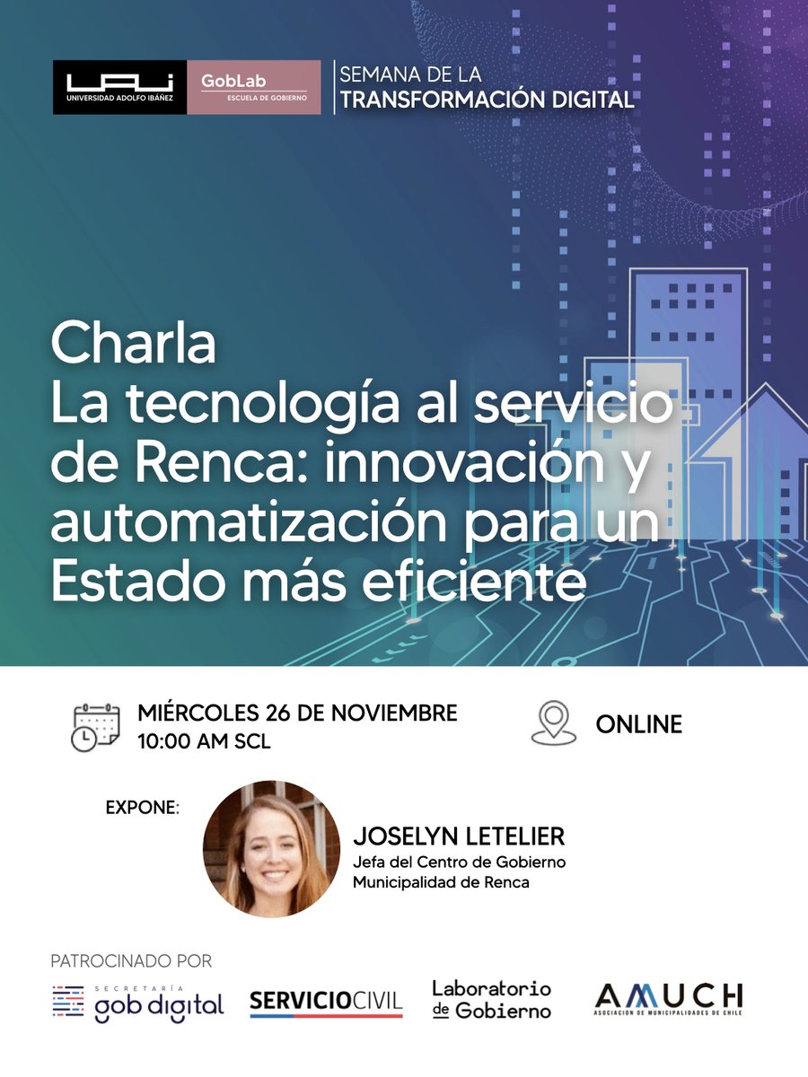 📆Súmate al tercero de siete eventos de la Semana de la Transformación Digital - GobLab UAI con el patrocinio de <a href="/GobDigitalCL/">Gobierno Digital</a>, <a href="/ServicioCivilCL/">Servicio Civil</a>, <a href="/labgobcl/">Laboratorio de Gobierno</a>, y <a href="/AmuchChile/">AMUCH - Asociación de Municipalidades de Chile</a> |ℹ️: mkg.uai.cl/postgrados-nue…