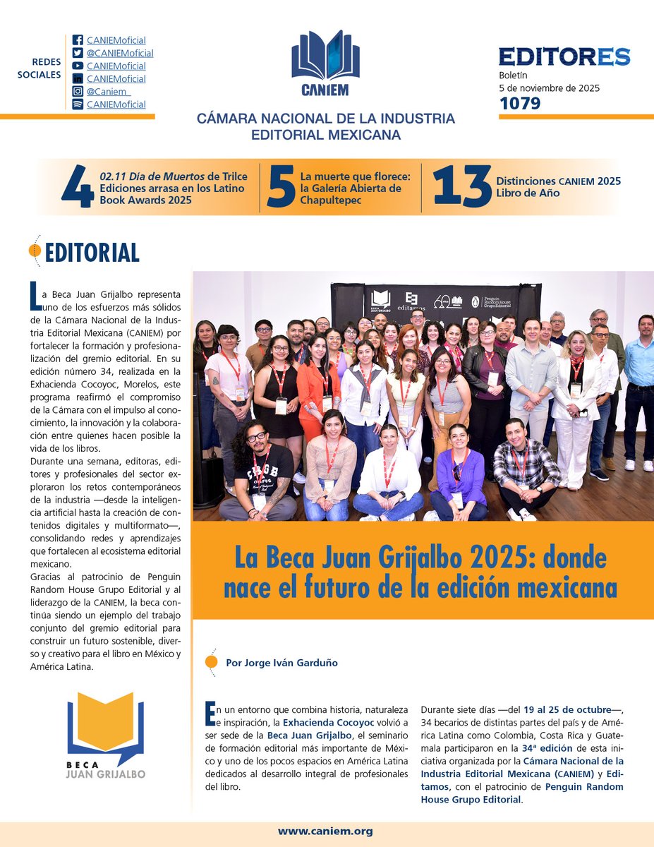 CANIEMoficial's tweet photo. Boletín EDITORES 1079
1. La Beca Juan Grijalbo 2025
2. "02.11 Día de Muertos" de Trilce Ediciones arrasa en los Latino Book Awards 2025
3. Pabellón Lounge CANIEM en FIL. Punto de encuentro gratuito para afiliadas. ¡RESERVA TU ESPACIO!
Y más...
https://t.co/lUVsDT8qnJ https://t.co/1ZUQWKlz2E