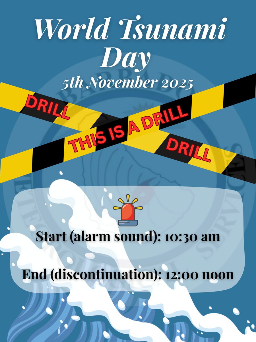 🌊 Today, Nov 5th, the Barbados Meteorological Services (BMS) joins the World Tsunami Awareness Day exercise.
⚠️ All tsunami-related statements posted today are TEST messages only.