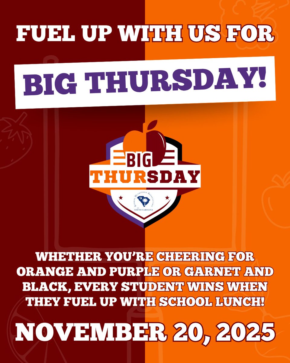 It’s almost time for one of South Carolina’s favorite traditions—Big Thursday! 🎉 On November 20, we will be joining cafeterias across the state to celebrate school spirit, delicious meals, and good nutrition fuels champions on and off the field. 💪 #BigThursday

@gwd50schools